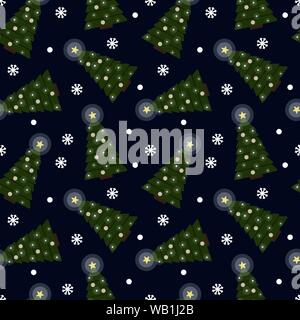 Vector seamless pattern with decorated christmas trees and snowflakes. New Year festive dark blue background. Shining star, garland lights and ornamen Stock Vector