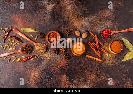 Spices ingredients for cooking. Spices concept. Top view. Stock Photo