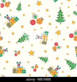 Hand drawn multicolor Christmas trees, gift boxes, baubles and stars design. Seamless vector pattern on light textured background. Great for all Stock Vector