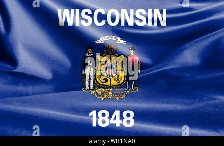 Realistic flag State of Wisconsin on the wavy surface of fabric Stock Photo