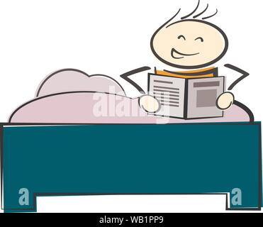 stickman character sitting in bed reading a book or newspaper vector illustration Stock Vector