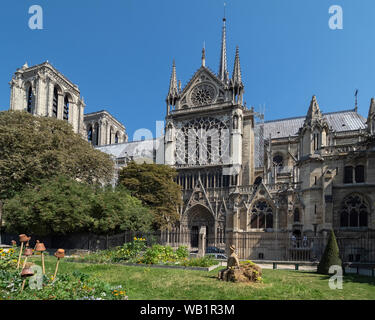 PARIS, FRANCE - AUGUST 03, 2018:  The rear of the Notre-Dame Cathedral before the fire in 2019 Stock Photo