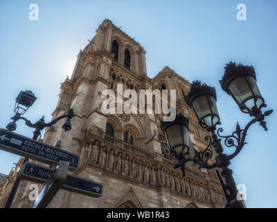 PARIS, FRANCE - AUGUST 03, 2018:  The towers of the Notre-Dame Cathedral before the fire in 2019 Stock Photo