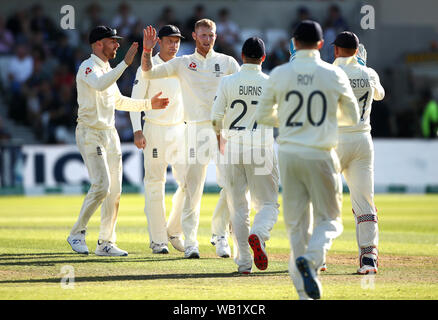 England's Ben Stokes celebrates taking the wicket of Australia's Travis Head during day two of the third Ashes Test match at Headingley, Leeds. Stock Photo