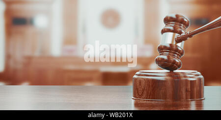 Wooden gavel on table close up. 3d rendering Stock Photo