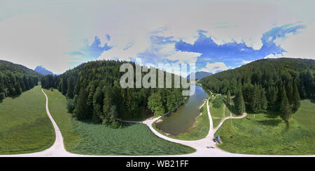 360 degree panoramic view of Forests, meadows and paths on Lake Rießersee near Garmisch, Germany, Equirectangular 360 degree spherical panorama for virtual reality background