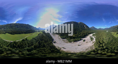 360 degree panoramic view of Riverbed dried up by climate change in the foothills of the Alps, Germany, Bavaria, Equirectangular 360 degree spherical panorama for virtual reality