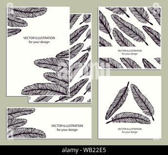 Collection with hand drawn feathers isolated on white background. Artistically hand drawn celebrating cards templates. Set design elements. Stock Vector