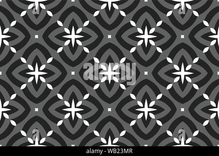 Vector seamless geometric pattern. Shaped rounded white, grey and black diamonds and stars and squares. Stock Vector