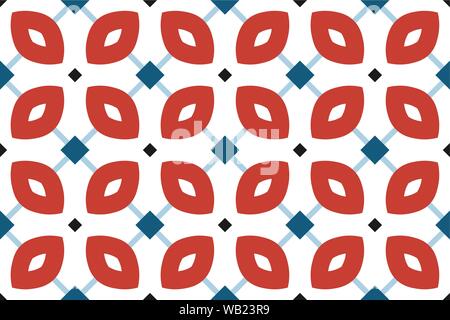 Vector seamless geometric pattern. Shaped dark blue and black squares and light blue lines and red, white rounded diamonds on white background. Stock Vector
