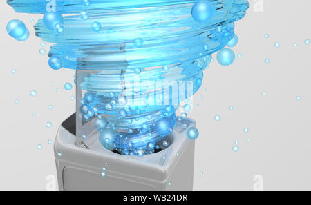 Approach to clothes washing machine with the door open, inside it comes a blue water jet in the form of a spiral with bubbles floating in white backgr Stock Photo
