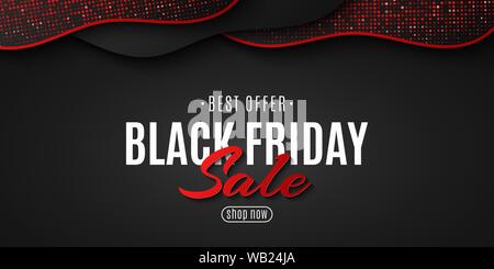 Fluid design for Black Friday. Wave shapes with red glitter. Seasonal sale. Template for your business project. Vector illustration. EPS 10 Stock Vector