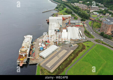 Aerial drone view of Ferguson Marine nationalised shipbuilders on the Clyde Stock Photo