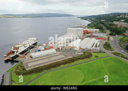 Aerial drone view of Ferguson Marine nationalised shipbuilders on the Clyde Stock Photo