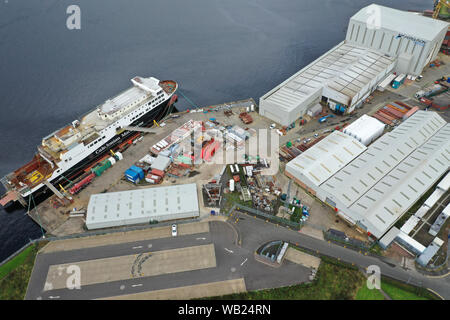 Aerial drone view of Ferguson Marine nationalised shipbuilders on the Clyde Stock Photo