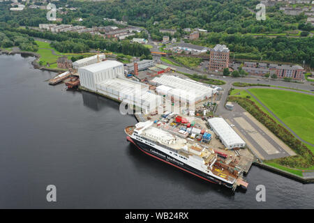 Aerial drone view of Ferguson Marine nationalised shipbuilders on the Clyde Stock Photo