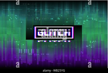 Glitch concept. Purple and green distortion with stereo effect text. Abstract vertical lines. Random color pixels. Digital signal problem. Dynamic mos Stock Vector