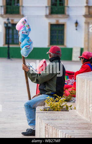 TUNJA, COLOMBIA - AUGUST, 2019:  Cotton candy street vendor at Bolivar Square on Tuja city downtown Stock Photo