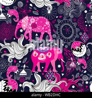 Seamless lovely pattern of elephants on a floral decorative background. Design template for wallpaper, poster or packaging. Stock Vector