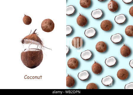 Creative layout made of coconut pattern on pastel blue background. Stock Photo