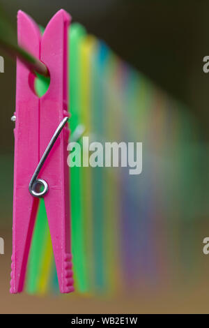 Colored clothes pegs in a row on a drying rack with little depth Stock Photo