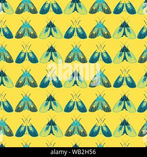 Vector yellow moths rows repeat pattern. Suitable for gift wrap, textile or wallpaper. Stock Vector
