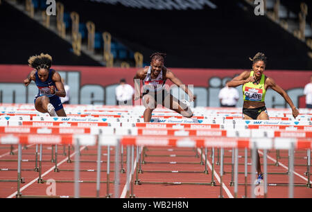 BIRMINGHAM, ENGLAND - AUGUST 18: Brianna McNeal (USA) Danielle Williams (JAM) Queen Claye (USA) competing in the Women’s 100m Hurdles heats during the Stock Photo