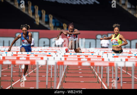 BIRMINGHAM, ENGLAND - AUGUST 18: Brianna McNeal (USA) Danielle Williams (JAM) Queen Claye (USA) competing in the Women’s 100m Hurdles heats during the Stock Photo