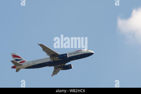London, UK. 23rd August 2019. BA planes take off from Heathrow Airport shortly after the British Airline Pilots Association (BALPA) announced it has given notice to British Airways that it will call on its members to strike on 9th, 10th and 27th September 2019. Credit: Peter Manning/Alamy Live News