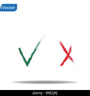 Symbol tick and cross. Isolated checkmark painted with a brush. Grunge. Stock Vector