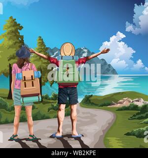 Backpack traveler couple in nature cartoons drawing art Stock Vector