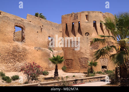 Morocco, El Jadida, Azammour. Battlements and terra cotta defensive walls of the Portuguese styled historic fortress ruin. UNESCO World Heritage site. Stock Photo