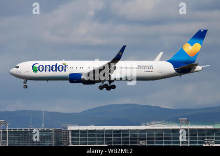 FRANKFURT / GERMANY - AUGUST 12, 2014: Condor Airlines Boeing 767-300 D-ABUA passenger plane landing at Frankfurt airport Stock Photo