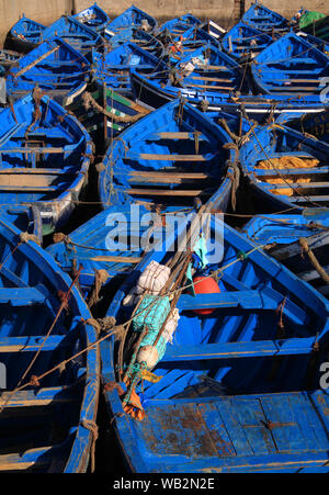 Morocco, Marrakesh district, Essaouira. UNESCO World Heritage Site - the Port Scala with a fleet of typical blue fishing boats Stock Photo