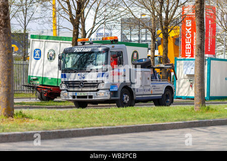 NUREMBERG / GERMANY - APRIL 14, 2019: Breakdown service truck drives on a street in Nuremberg. Stock Photo