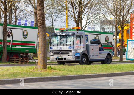 NUREMBERG / GERMANY - APRIL 14, 2019: Breakdown service truck drives on a street in Nuremberg. Stock Photo