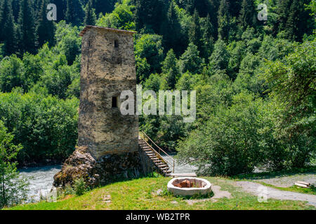 The medieval Svan Love Tower on Enguri river, Kala village, Samegrelo-Zemo Svaneti, Georgia. Travel. Stock Photo