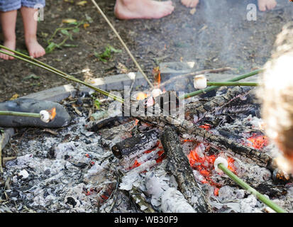Children roasting marshmallows on an open fire. Free range kids supervised and free to explore. Image shows childrens feet, bamboo sticks, marshmallow Stock Photo