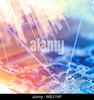 Closeup on electronic board and neon electric lights, blurred and toned electronic background with triangle neon frame Stock Photo