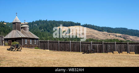 Fort Ross, CA - August 12, 2019: A view of Fort Ross Chapel built in the mid-1820s. It was the first Russian Orthodox structure in North America outsi Stock Photo