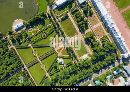 PUSHKIN, SAINT PETERSBURG. RUSSIA - JULY 26 2019. The Catherine Palace and garden top aerial view at sunny day. Stock Photo