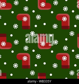 Vector seamless pattern with red christmas gift socks and snowlakes on green background. Template for wrapping paper, gift, fabric or textile. New yea Stock Vector