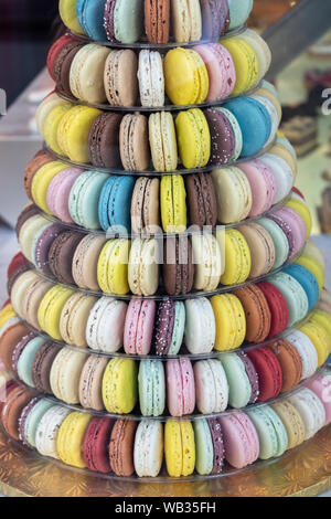 Macaroons in all colors and flavors are arranged in a tree shape for display in a bakery window. Stock Photo
