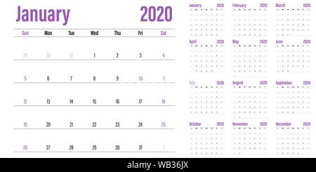 Calendar planner 2020 template vector illustration all 12 months week starts on Sunday and indicate weekends on Saturday and Sunday Stock Vector