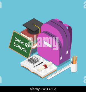 Flat 3d isometric blackboard with text back to school and a backpack, stationary, books, graduation cap. Back to school and education concept. Stock Vector