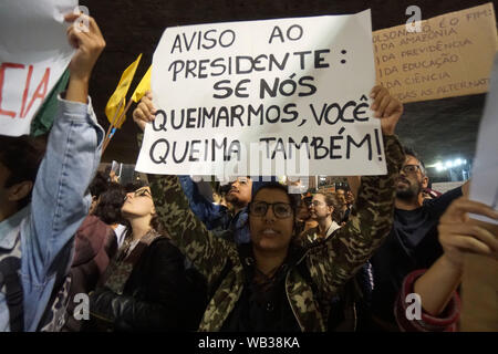 Sao Paulo, Brazil. 23rd August, 2019. AMAZONIA PROTEST - People participate in a demonstration, calling for action on the Amazon jungle fires from the Brazilian government, in Sao Paulo, Brazil, 23 August 2019. The intensification of the fires, caused by the severe drought, high temperatures and deforestation in the Brazilian Amazon, has drawn criticism over the Brazilian Government's lack of action. Credit: Cris Faga/ZUMA Wire/Alamy Live News Stock Photo