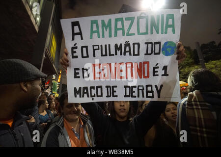 Sao Paulo, Brazil. 23rd August, 2019. AMAZONIA PROTEST - People participate in a demonstration, calling for action on the Amazon jungle fires from the Brazilian government, in Sao Paulo, Brazil, 23 August 2019. The intensification of the fires, caused by the severe drought, high temperatures and deforestation in the Brazilian Amazon, has drawn criticism over the Brazilian Government's lack of action. Credit: Cris Faga/ZUMA Wire/Alamy Live News Stock Photo