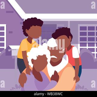 grandpa and grandma hugging with their grandchildrens - happy grandparents day vector illustration Stock Vector