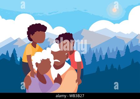 grandpa and grandma hugging with their grandchildrens - happy grandparents day vector illustration Stock Vector