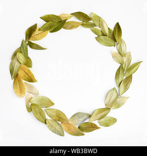 Autumn composition. Wreath made of autumn leaves on white . Flat lay, top view, copy space, square Stock Photo